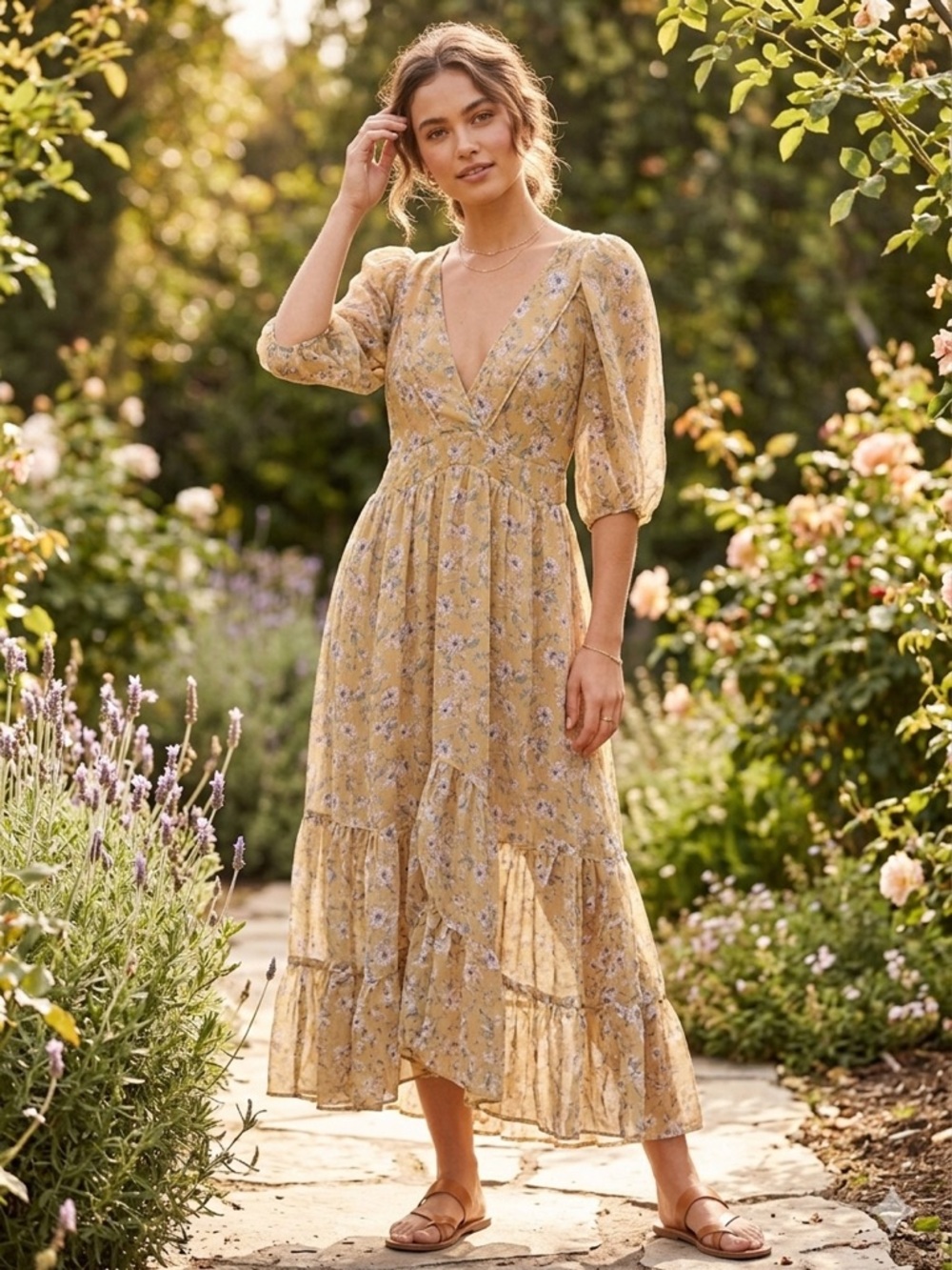 Storia Yellow Floral V-Neck Tiered Maxi Dress
